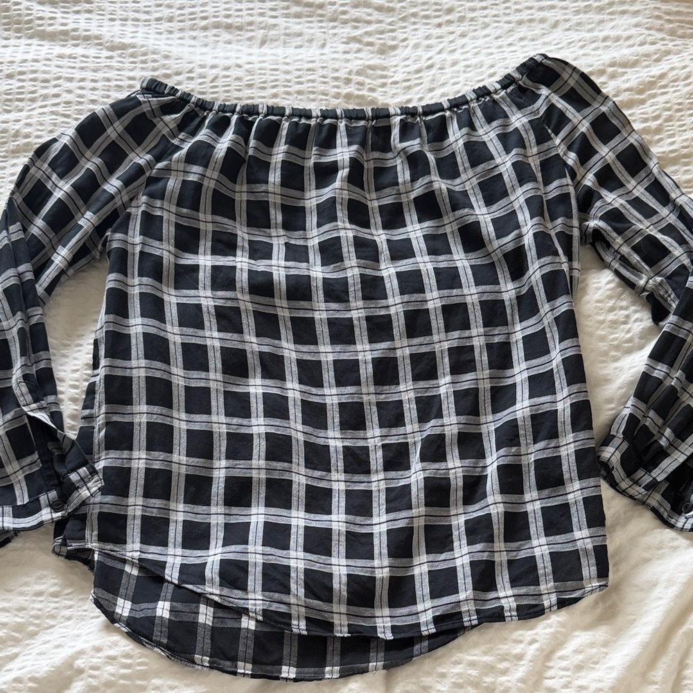 rag & bone Black and White Checkered Off-Shoulder Blouse